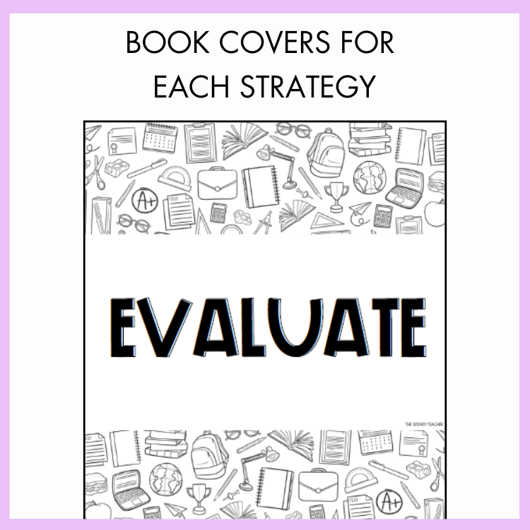 Book cover with 'Evaluate' text and educational icons with text 'Book Covers for Each Strategy' on a light purple background.