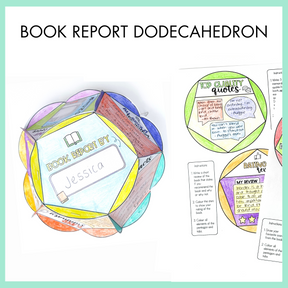 Colorful dodecahedron book report model with text 'Book Report Dodecahedron' on a white background with light green border. 