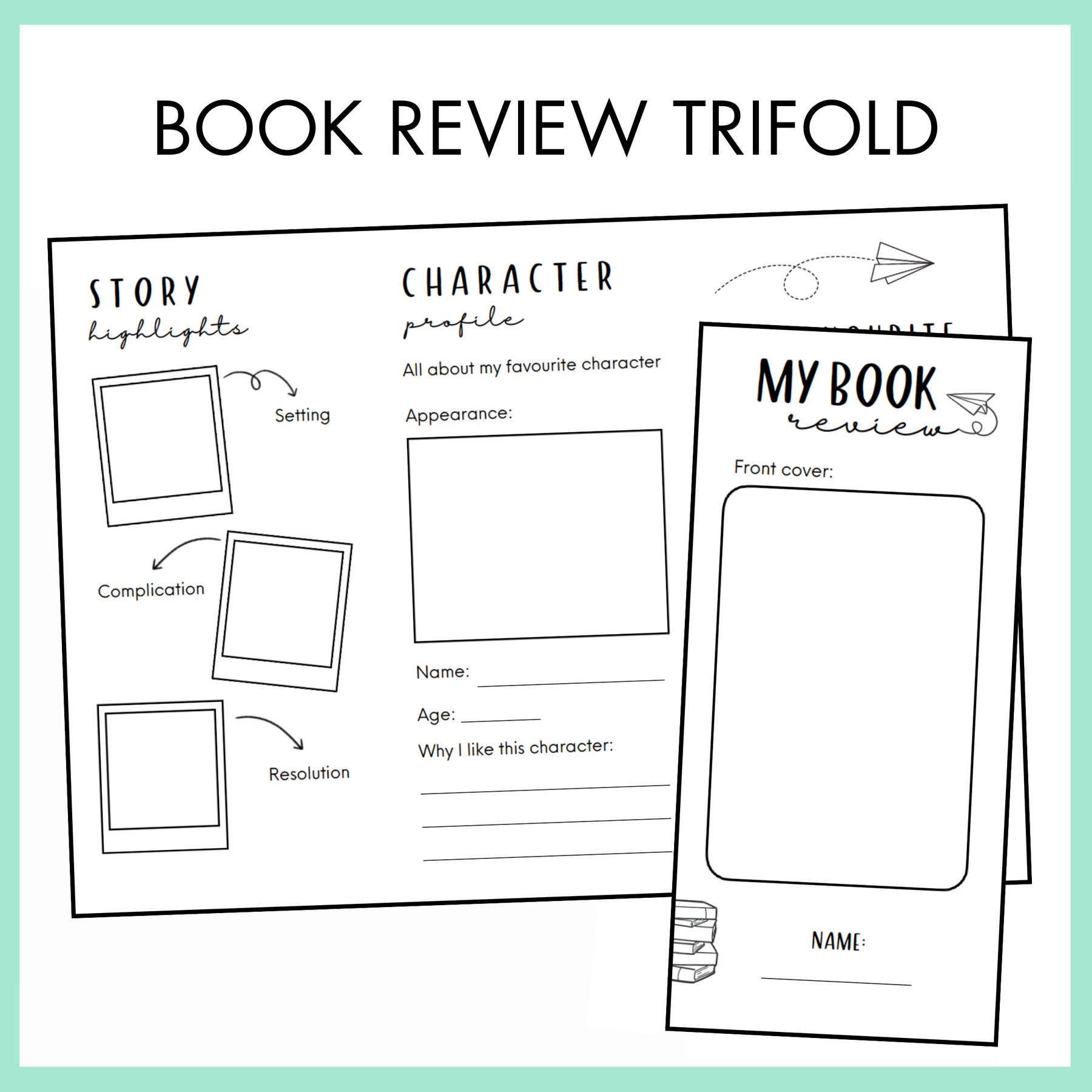 Book review trifold design with story highlights, character profile, and front cover sections.