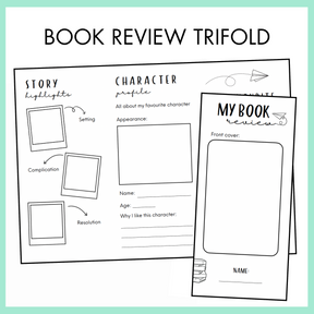 Book review trifold design with story highlights, character profile, and front cover sections.