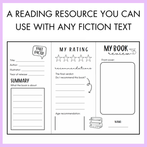 Reading resource sheet for book review with different parts such as fast facts, summary, my rating, and the title page my book review on a purple background. On top, the text reads 'a reading resource you can use with any fiction text'.
