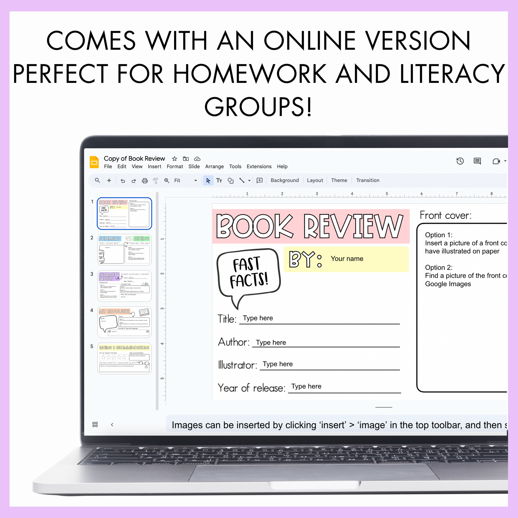 Laptop displaying a book review template with text that reads 'comes with an online version perfect for homework and literacy groups!'