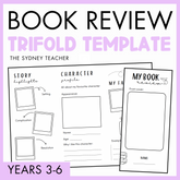 Trifold for book review for Years 3-6 by the Sydney Teacher featuring a template with title 'My Book Review' and parts 'story highlights', and 'character profile' on a purple background.