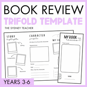 Trifold for book review for Years 3-6 by the Sydney Teacher featuring a template with title 'My Book Review' and parts 'story highlights', and 'character profile' on a purple background.