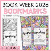 Colorful bookmarks with 'A Symphony of Stories' text by the Sydney Teacher on a pink background, promoting Book Week 2026. Below is a pink banner with text '5 designs'. 