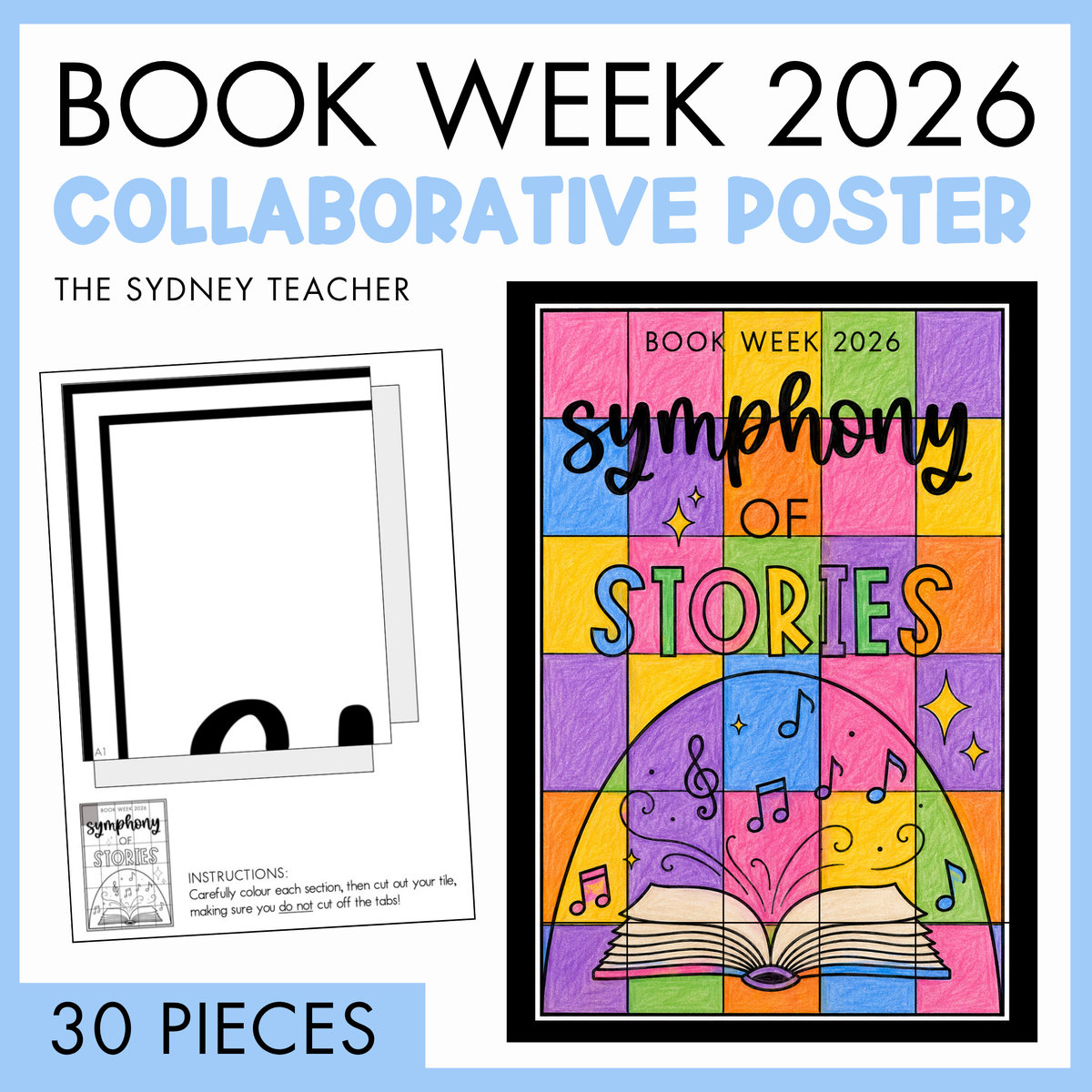 30 pieces collaborative poster for Book Week 2026 by The Sydney Teacher with colorful design and 'Symphony of Stories' text.