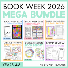 Promotional graphic for Book Week 2026 Mega Bundle with six educational resources, collaborative poster, bookmarks, flipbook activity, creative thinking reading response, dodecahedron book report, and book review trifold template by The Sydney Teacher for Years 4-6.
