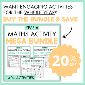 Promotional graphic for a Year 6 Maths Activity Mega Bundle with three packs included, a total of 140+ activities. At the top, the text reads 'Want Engaging Activities for the Whole Year? Buy the Bundle and Save' and below is a yellow banner with text '20% off'. 
