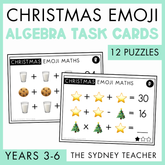 Christmas emoji algebra task cards for Years 3-6 by The Sydney Teacher with two example task cards on a light green background. A banner on the right side shows the text '12 puzzles'. 