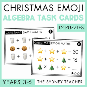 Christmas emoji algebra task cards for Years 3-6 by The Sydney Teacher with two example task cards on a light green background. A banner on the right side shows the text '12 puzzles'. 