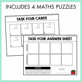 Task Four maths puzzles with answer sheet on a light green background and text on top that reads 'includes 4 maths puzzles'. 