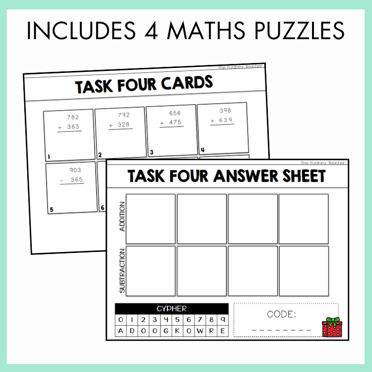 Task Four maths puzzles with answer sheet on a light green background and text on top that reads 'includes 4 maths puzzles'. 