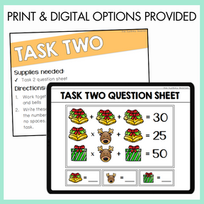 Printed math worksheet with instructions and digital Christmas-themed task card with problems on a tablet display on light green background. The text above reads 'Print and Digital Options Provided'.