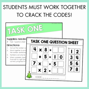 Math worksheets with multiplication  and addition problems and a code to be cracked, labeled 'Task One'. Above, the text reads 'students must work together to crack the codes!'