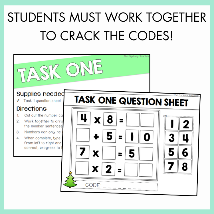 Math worksheets with multiplication  and addition problems and a code to be cracked, labeled 'Task One'. Above, the text reads 'students must work together to crack the codes!'