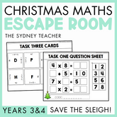 Christmas Maths Escape Room titled 'Save the Sleigh!' for Years 3&4 by The Sydney Teacher featuring Christmas-themed task card and question sheet on a light green background.