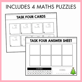 Christmas-themed maths puzzles with answer sheet on a pink background and a text on top that reads 'includes 4 maths puzzles'. 