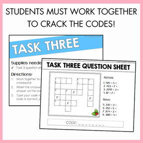 Educational worksheet titled 'Task Three' with a crossword puzzle and code-breaking instructions on a pink background with text 'students must work together to crack the codes!'.