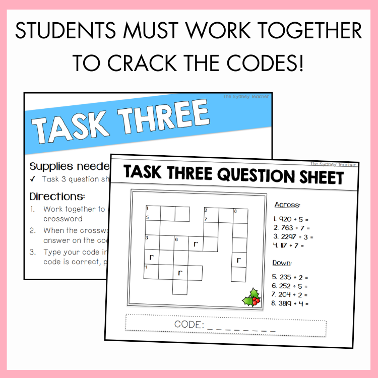 Educational worksheet titled 'Task Three' with a crossword puzzle and code-breaking instructions on a pink background with text 'students must work together to crack the codes!'.