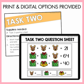 Task two question sheet with Christmas-themed math problems on a digital device screen with text that reads 'print and digital options provided'.