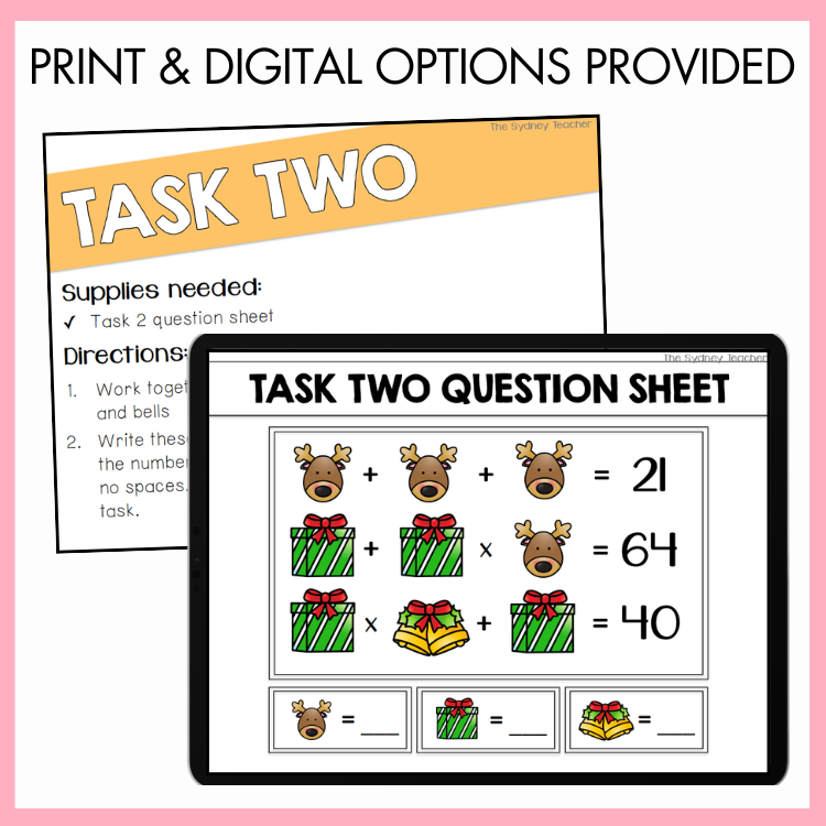 Task two question sheet with Christmas-themed math problems on a digital device screen with text that reads 'print and digital options provided'.