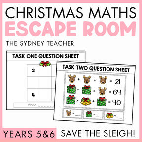 Christmas Maths Escape Room titled 'Save the Sleigh!' for Years 5&6 by the Sydney Teacher featuring two task cards with puzzles and Christmas elements with a pink border.