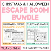 Promotional image for Christmas and Halloween escape room bundle by The Sydney Teacher for Years 3 and 4 featuring two packs, the Halloween Maths Escape Room 'Trick or Treat?' and Christmas Maths Escape Room 'Save the Sleigh!'