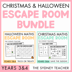Promotional image for Christmas and Halloween escape room bundle by The Sydney Teacher for Years 3 and 4 featuring two packs, the Halloween Maths Escape Room 'Trick or Treat?' and Christmas Maths Escape Room 'Save the Sleigh!'