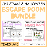 Promotional image for Christmas and Halloween escape room bundle by The Sydney Teacher for Years 5 and 6 featuring two packs, the Halloween Maths Escape Room 'Trick or Treat?' and Christmas Maths Escape Room 'Save the Sleigh!'