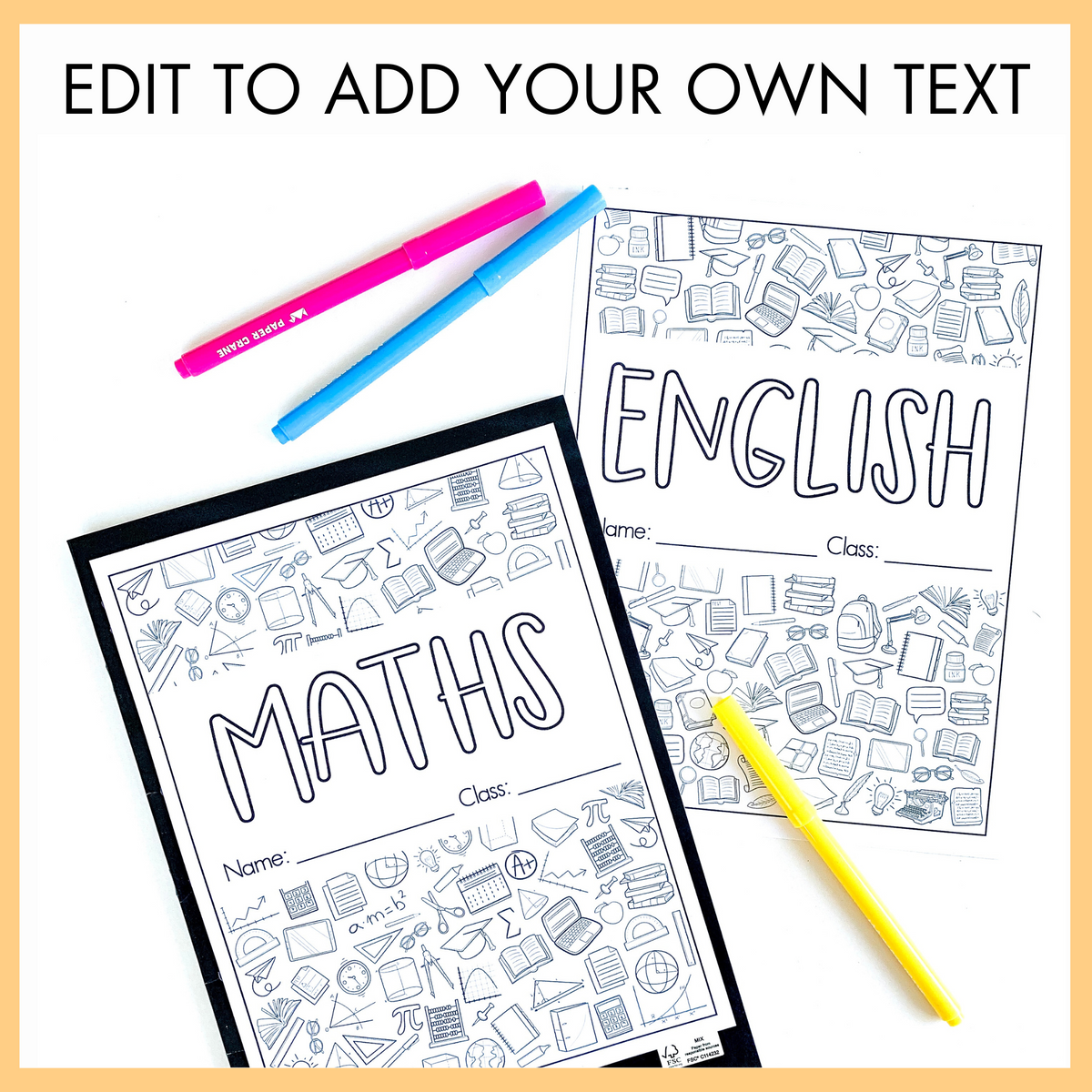 Two subject coloring pages showing English and Maths with pens on a yellow background with text on top that reads 'edit to add your own text'.