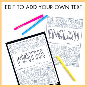 Two subject coloring pages showing English and Maths with pens on a yellow background with text on top that reads 'edit to add your own text'.