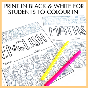 Black and white educational pages with 'English' and 'Maths' text, featuring colorful markers and text above that reads 'Print in black and white for students to colour in'.