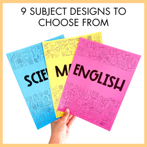 Three colorful Line Art Book Covers labeled 'Science', 'Math', and 'English' held in a hand with text '9 subject designs to choose from'.