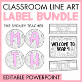 Classroom line art label bundle by the Sydney Teacher featuring labels for different subjects with editable PowerPoint text on a pink background.