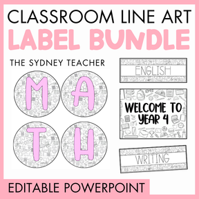 Classroom line art label bundle by the Sydney Teacher featuring labels for different subjects with editable PowerPoint text on a pink background.