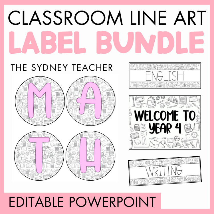 Classroom line art label bundle by the Sydney Teacher featuring labels for different subjects with editable PowerPoint text on a pink background.