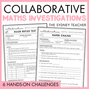 Collaborative Maths Investigations educational resource cover featuring two sample worksheet pages: a Ruler Reflex Test and Paper Chains activity. The design has a pink and white background with black and pink text, and a pink banner at the bottom reading '6 HANDS-ON CHALLENGES'.