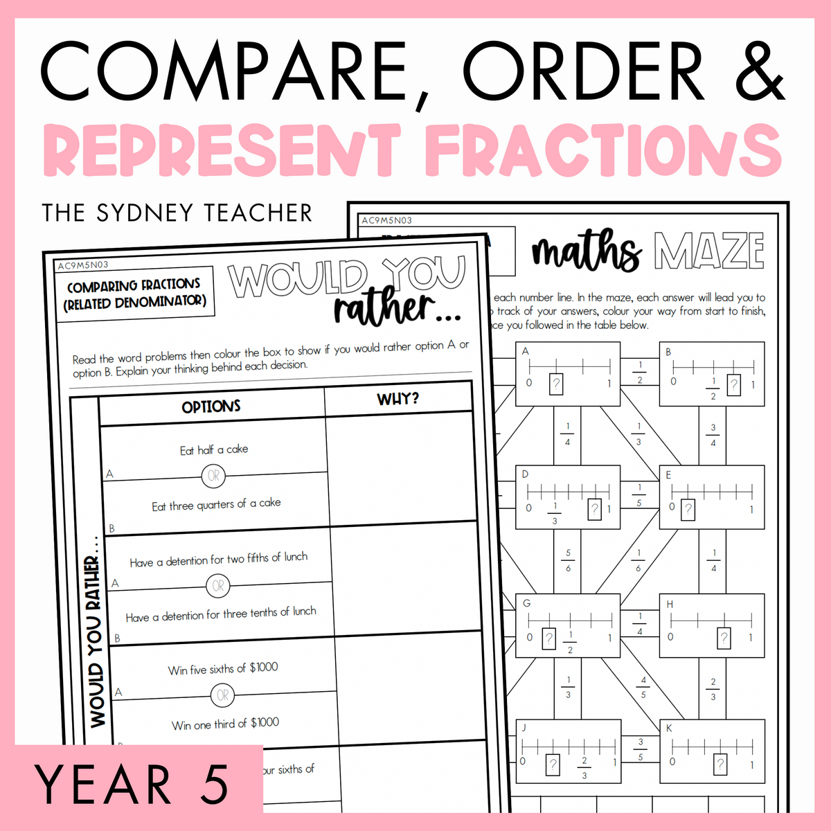 Cover of a educational product titled 'Compare, Order and Represent Fractions' for Year 5, by The Sydney Teacher featuring sample Would You Rather... worksheet on comparing fractions and a maths maze activity.