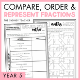 Cover of a educational product titled 'Compare, Order and Represent Fractions' for Year 5, by The Sydney Teacher featuring sample Would You Rather... worksheet on comparing fractions and a maths maze activity.