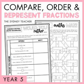 Cover of a educational product titled 'Compare, Order and Represent Fractions' for Year 5, by The Sydney Teacher featuring sample Would You Rather... worksheet on comparing fractions and a maths maze activity.