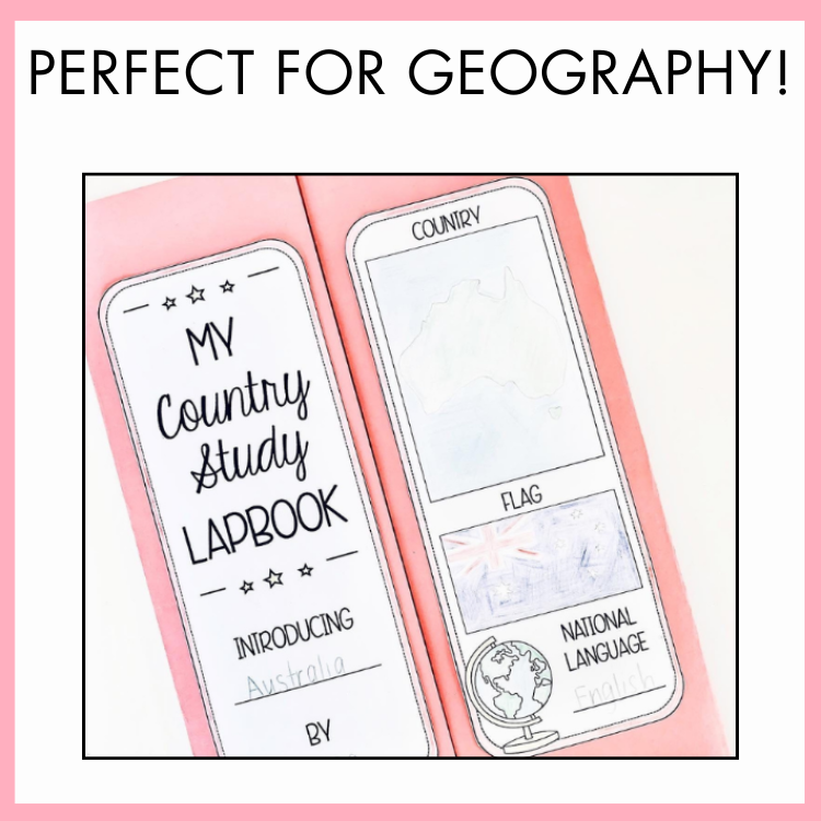 Country study lapbook template with text 'My County Study Lapbook Introducing Australia' and graphics showing flag and map on a pink background. On top, the text reads 'perfect for geography!'.