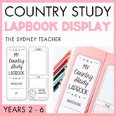 Country study lapbook display for Years 2-6 by the Sydney Teacher with pink border. 