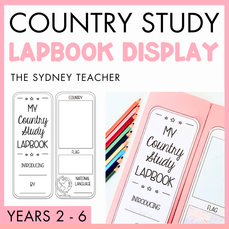 Country study lapbook display for Years 2-6 by the Sydney Teacher with pink border. 