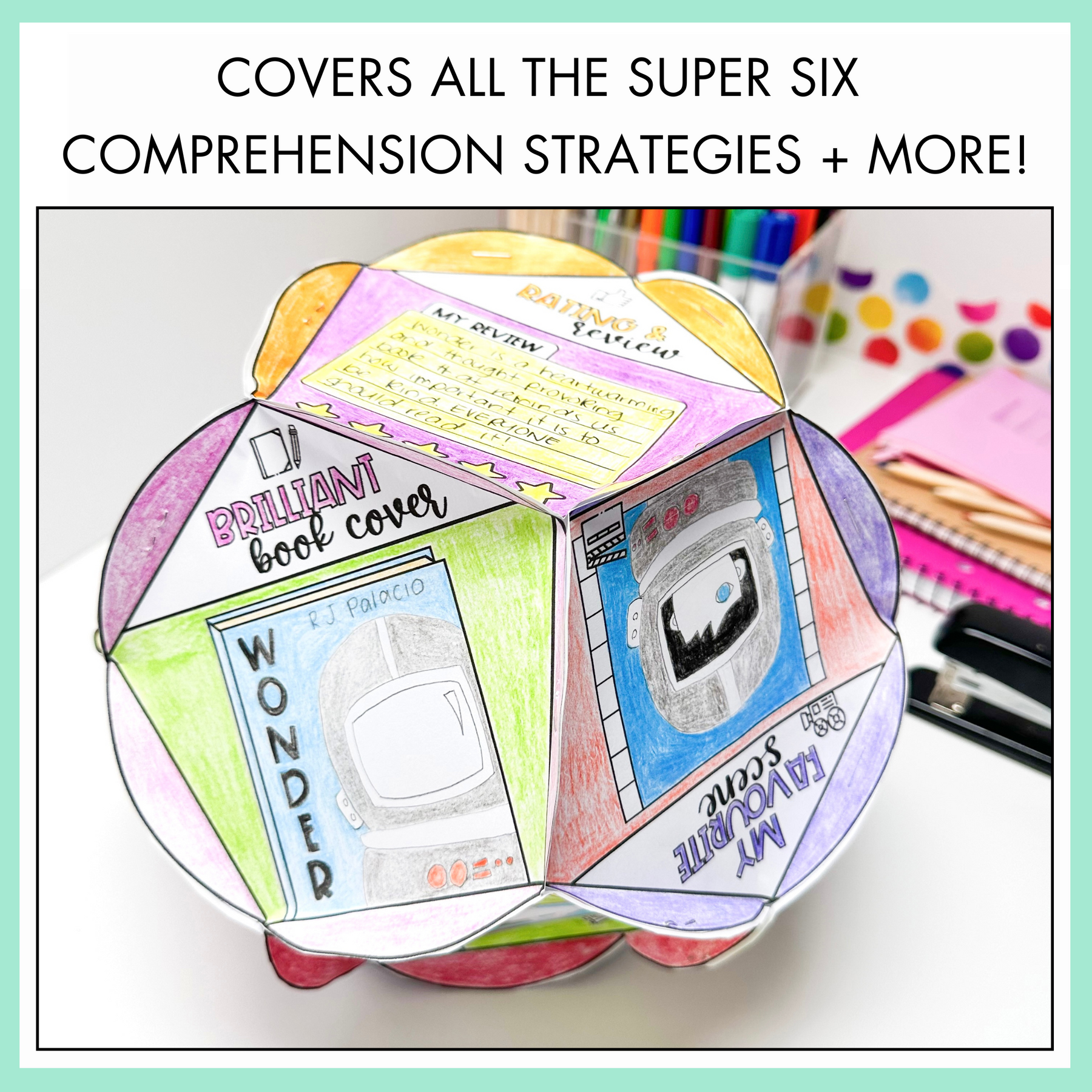 Colorful book report dodecahedron featuring a part on brilliant book cover showing R.J. Palacio's book Wonder with text 'Covers all the super six comprehension strategies + more!'