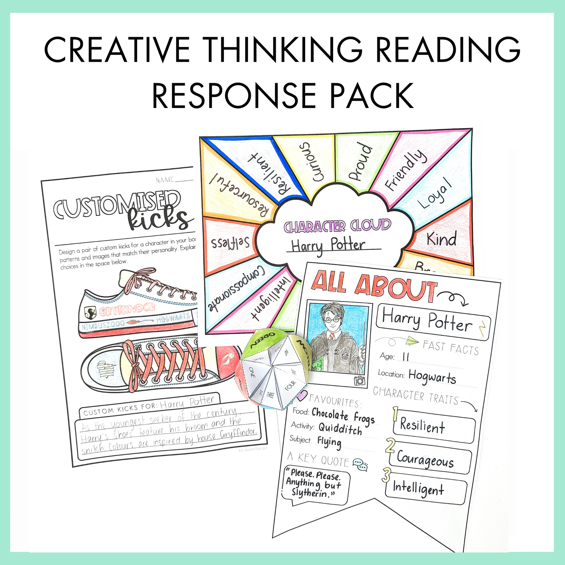 Creative thinking reading response pack with character cloud, All About the Character banner, Customised Kicks on a white background with light green border. 