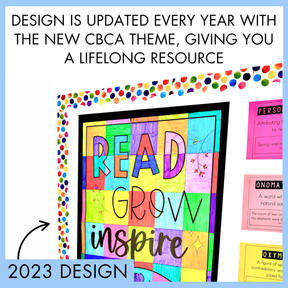 Colorful educational poster with 'READ GROW inspire' text, surrounded by other educational materials on a white background with text 'Design is updated every year with the new CBCA theme, giving you a lifelong resource'.
