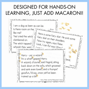 Educational text showing excerpts from Peter Pan and Harry Potter and the Philosopher's Stone with macaroni pieces to be used as speech marks. On top, the text reads 'designed for hands on learning, just add macaroni!'