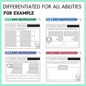 Promotional image with text at the top that reads 'Differentiated for all Abilities' and 'For example'. Below are four domino card games that show 1x1 digit multiplication, 3 x1 digit multiplication, 2 x 2 digit multiplication, and open-ended multiplication. 