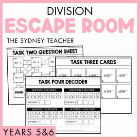 Educational materials for a division escape room activity for Years 5&6 by The Sydney Teacher, including task cards and question sheets, on a light pink background.