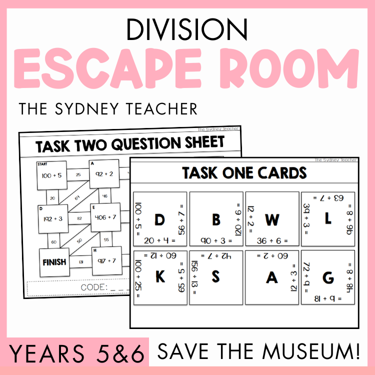 Division escape room activity sheet by The Sydney Teacher for Years 5 and 6 with task cards and question sheet on a pink background. The title reads 'Save the Museum!'